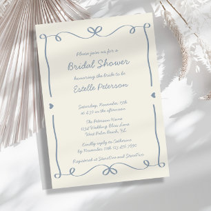 Whimsical Handwritten Dusty Blue Bow Bridal Shower Invitation