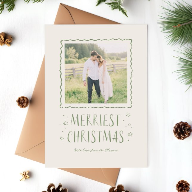 Whimsical Handwritten Merry Christmas Green Holiday Card (whimsical handwritten Merry Christmas photo card in green)