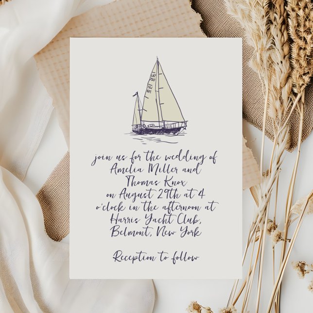 Whimsical Handwritten Navy Blue Sailboat Wedding Invitation (Creator Uploaded)