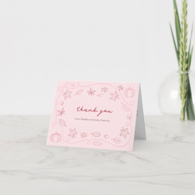 Whimsical Handwritten Pink Pumpkin Fall Letterpress Thank You Card (Front)