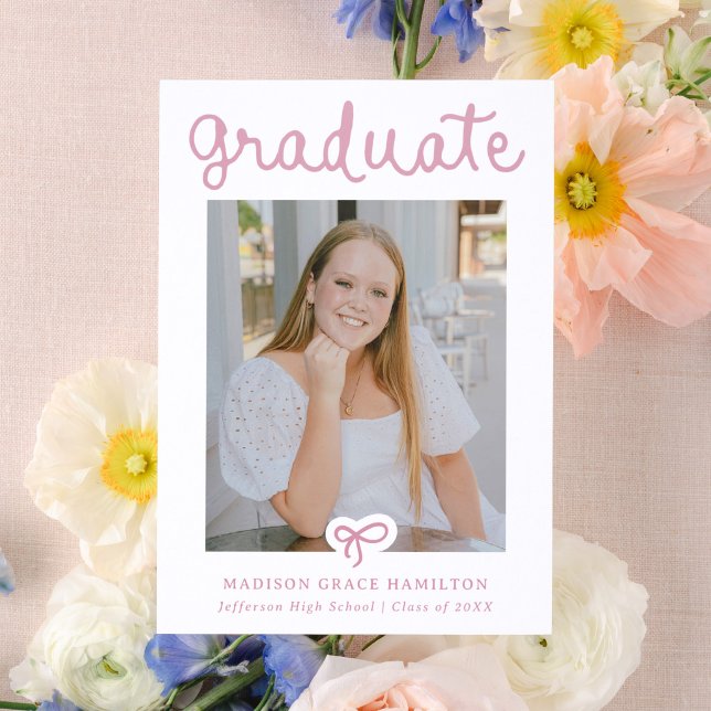 Whimsical Handwritten Script Bow Graduation Letterpress Photo Cards (Creator Uploaded)