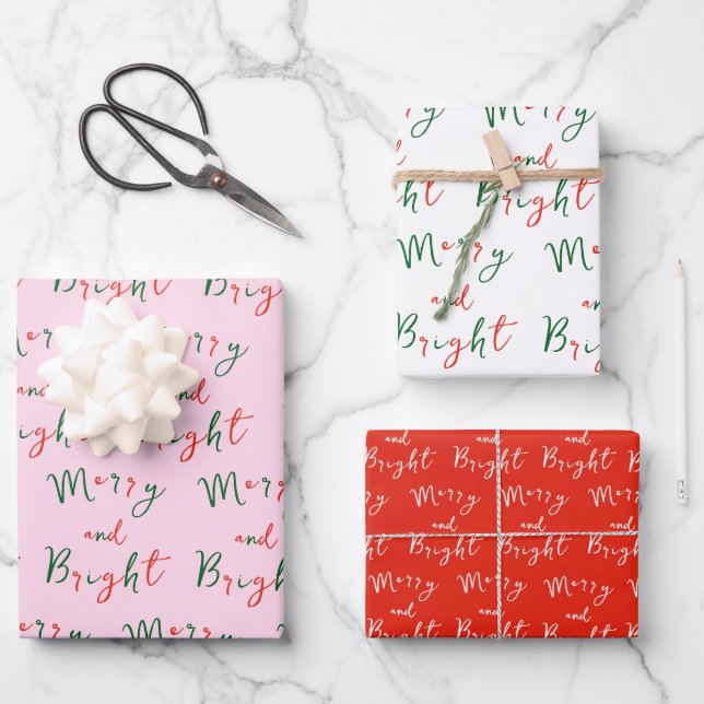 Whimsical Handwritten Script Merry and Bright Xmas Wrapping Paper Sheets (Front)