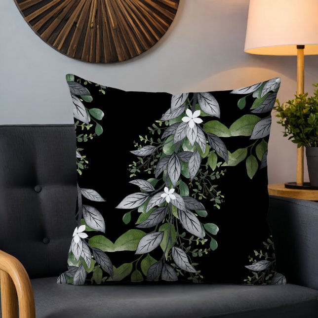 Whimsical Hanging Flowers and Leaves Black Throw Pillow (Creator Uploaded)