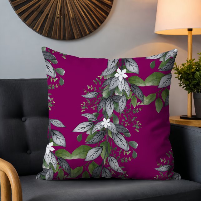 Whimsical Hanging Flowers and Leaves Dark Fuchsia  Throw Pillow (Creator Uploaded)