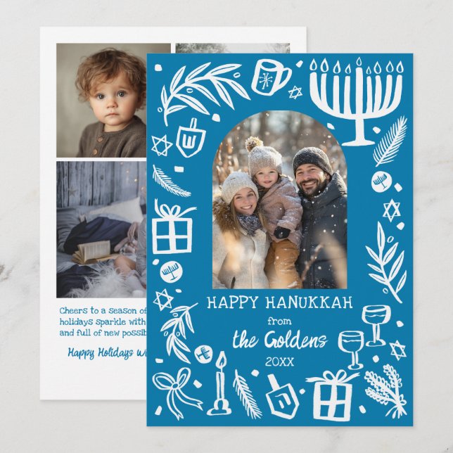 Whimsical Hanukkah Cute Custom Arch 4 PHOTO  Holiday Card (Front/Back)