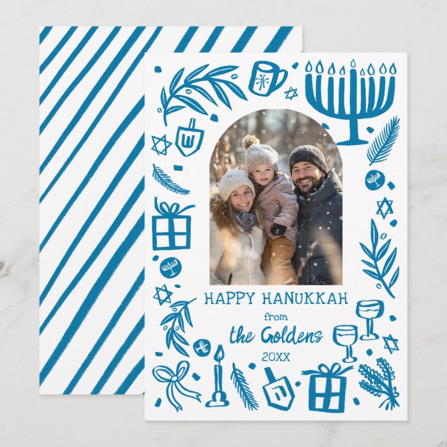 Whimsical Hanukkah Cute Custom Arch PHOTO  Holiday Card (Front/Back)