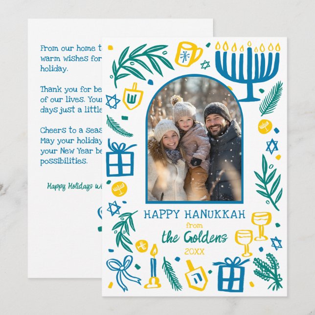 Whimsical Hanukkah Cute Custom Arch PHOTO  Holiday Card (Front/Back)