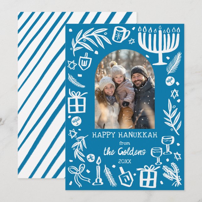 Whimsical Hanukkah Cute Custom Arch PHOTO  Holiday Card (Front/Back)