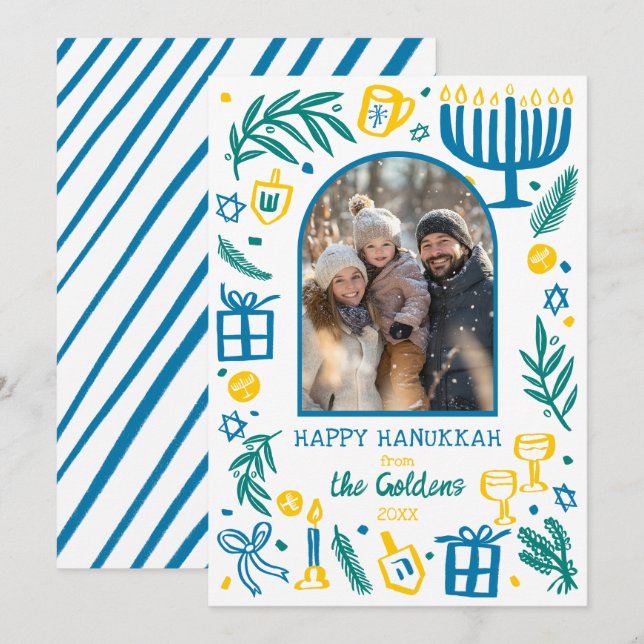 Whimsical Hanukkah Cute Custom Arch PHOTO  Holiday Card (Front/Back)