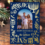 Whimsical HANUKKAH Cute Custom Photo GOLD Foil Holiday Card<br><div class="desc">Perfect cute card for a fun holiday greeting! Hand made art for you! FULLY CUSTOMIZABLE! Click on “Personalize” above to edit the text and add your own photo. Click "edit using design tool" to adjust the fonts, colors and placements. Design is gold foil on navy blue, but check my shop...</div>