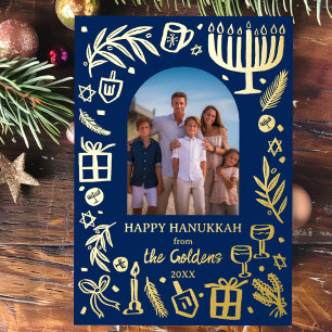 Whimsical HANUKKAH Cute Custom Photo GOLD Foil Holiday Card