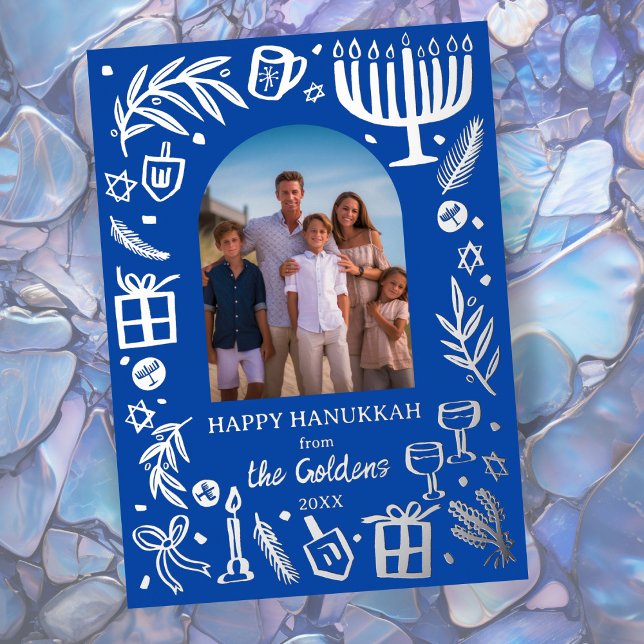 Whimsical HANUKKAH Cute Custom Photo SILVER  Foil Holiday Card (Whimsical HANUKKAH Cute Doodle Sketch Custom Photo SILVER Foil Holiday Card
)
