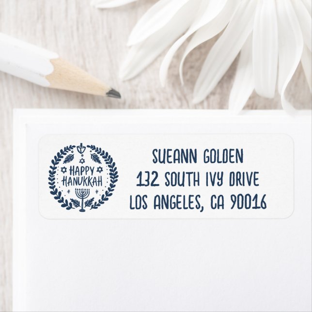 Whimsical Hanukkah Holiday Menorah Custom MAIL Label (Insitu)