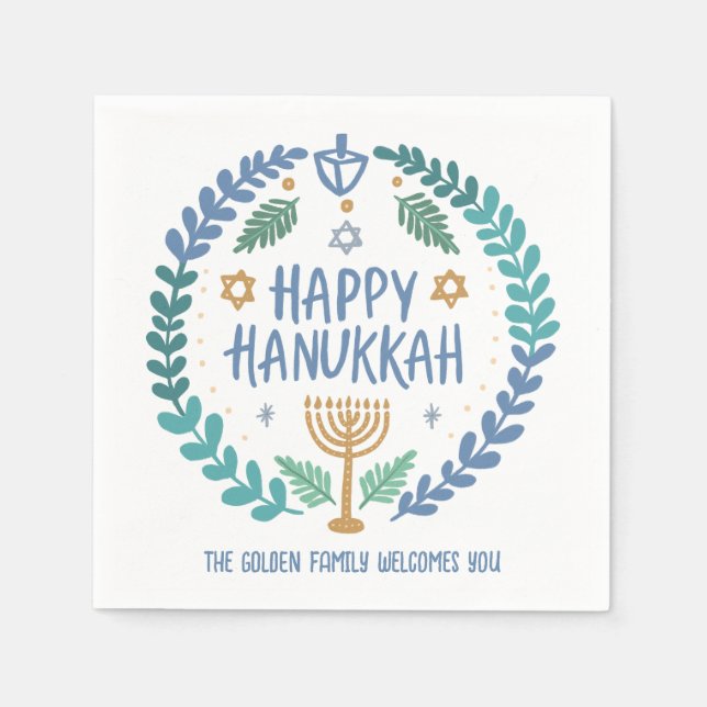 Whimsical Hanukkah Holiday Menorah Dreidel Custom Napkins (Front)