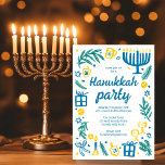 Whimsical Hanukkah Holiday Party Cute Custom Invitation<br><div class="desc">Perfect cute card for a fun holiday party invitation! Hand made art for you! Perfect for a winter, hanukkah, holiday party or other event. FULLY CUSTOMIZABLE! Click on “Personalize” above to edit the text. Click "edit using design tool" to adjust the fonts, colors and placements. (check my shop for alternate...</div>