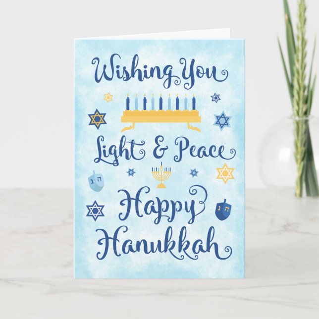 Whimsical Hanukkah Light and Peace Holiday Card (Front)