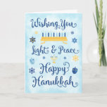 Whimsical Hanukkah Light and Peace Holiday Card<br><div class="desc">A Jewish Hanukkah theme card with a menorah,  Star of David and Driedel.  The text reads Wishing You Light & Peace Happy Hanukkah.  The background is a light blue watercolor wash.  Personalize the inside with your own message and/or company logo.</div>