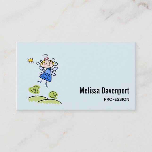 Whimsical Happy Angel Fairy Flying Outside Business Card (Front)