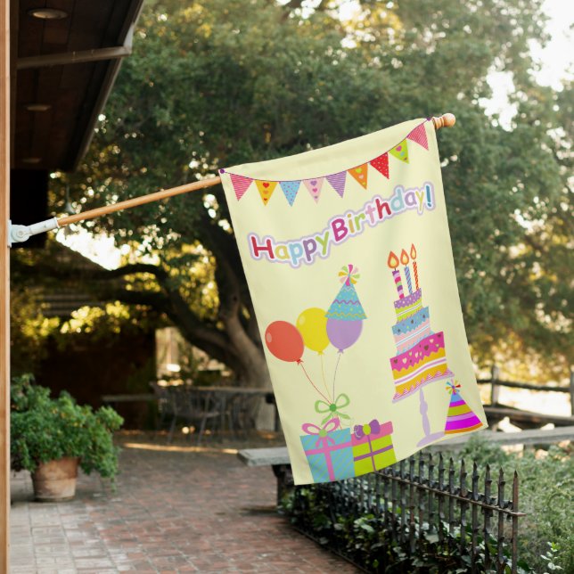 Whimsical Happy Birthday Cake Presents Balloons House Flag (In SItu)