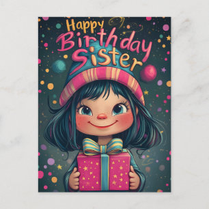 Whimsical Happy Birthday Sister Illustration  Holiday Postcard
