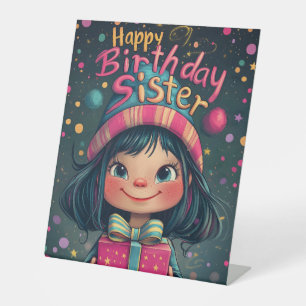 Whimsical Happy Birthday Sister Illustration Pedestal Sign