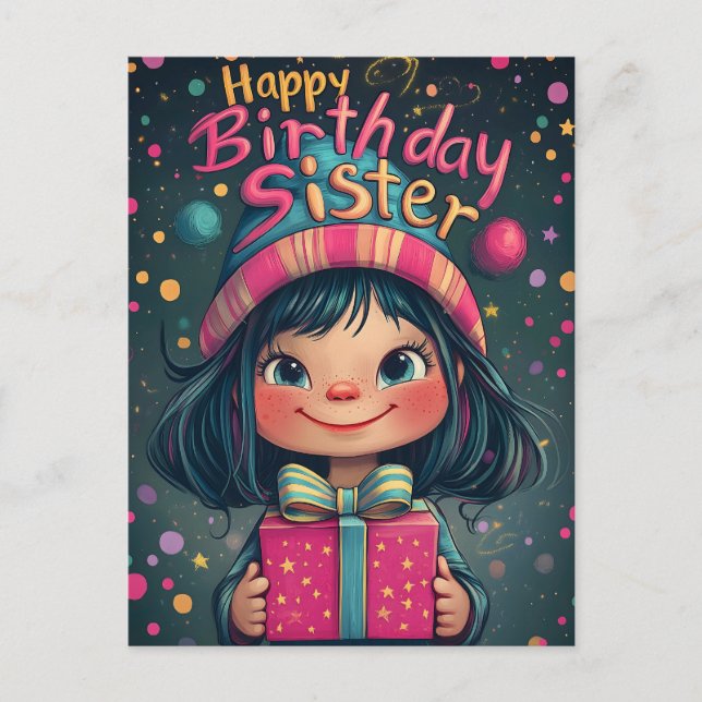 Whimsical Happy Birthday Sister Illustration  Postcard (Front)