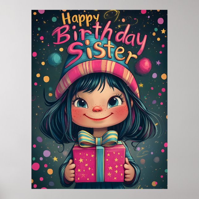 Whimsical Happy Birthday Sister Illustration  Poster (Front)