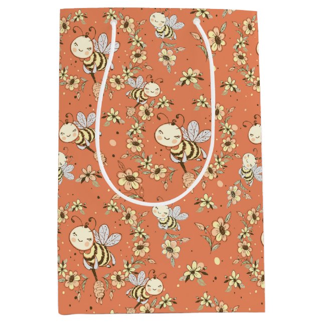 Whimsical Happy Bumblebee and Flowers Medium Gift Bag (Front)
