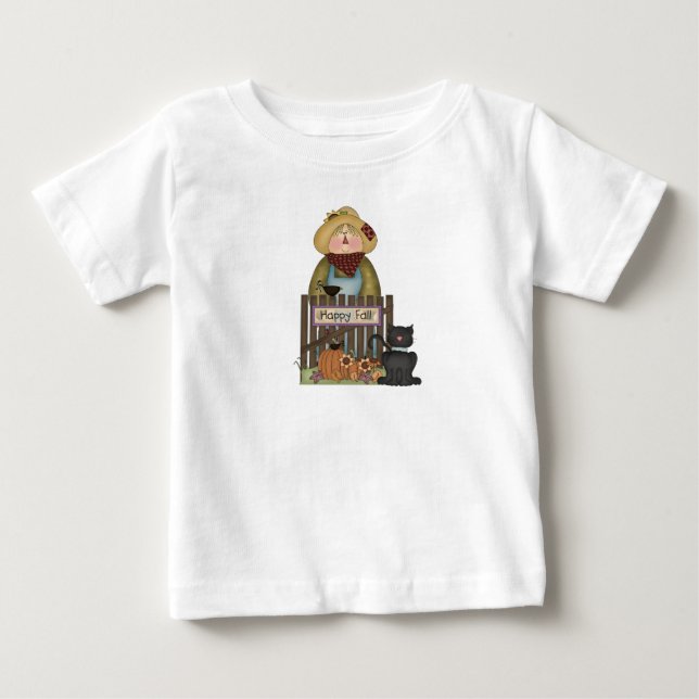 Whimsical Happy Fall Scarecrow With Black Cat Baby T-Shirt (Front)