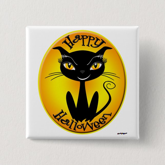 Whimsical Happy Halloween Cat Pinback Button (Front)