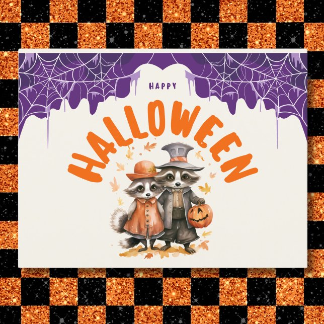 Whimsical Happy Halloween Raccoon Couple Holiday Postcard (Creator Uploaded)