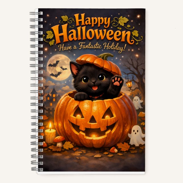 Whimsical happy Halloween spiral note Notebook (Front)