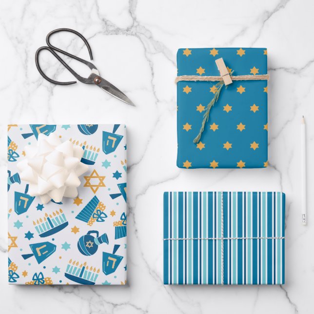 Whimsical Happy Hannukah Coodinating Wrapping Paper Sheets (Front)