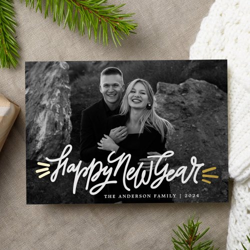 Whimsical Happy New Year Photo Foil Holiday Card