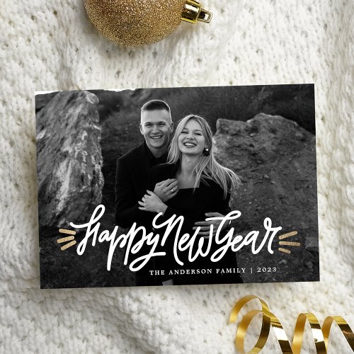 Whimsical Happy New Year Script Photo Holiday Card