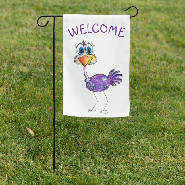Whimsical Happy Purple Ostrich Garden Flag (In SItu)