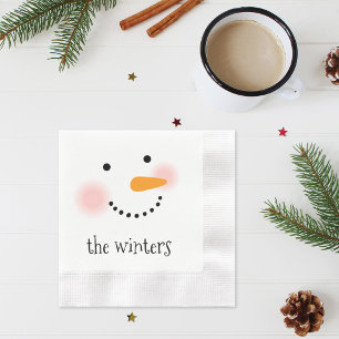 Whimsical Happy Snowman Face Winter Family Name Napkins