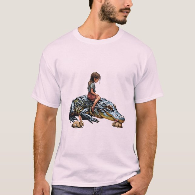 Whimsical Harmony: Girl Riding an Alligator  T-Shirt (Front)