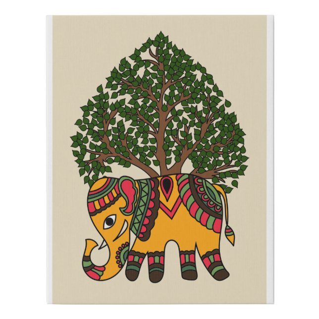 Whimsical Harmony: Madhubani Tree and Elephant Faux Canvas Print (Front)