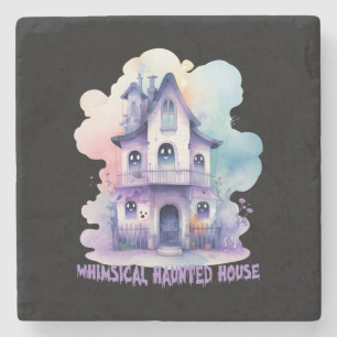 Whimsical Haunted House – Pastel Purple Halloween Stone Coaster