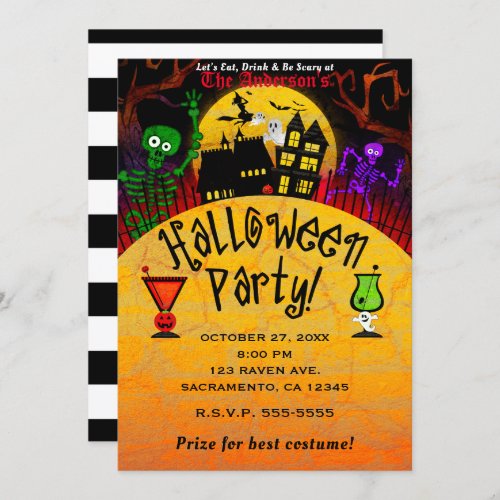 Whimsical Haunted House Skeleton Halloween Party Invitation
