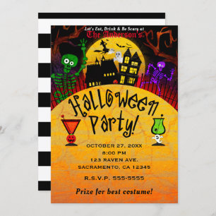 Whimsical Haunted House Skeleton Halloween Party Invitation