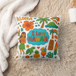 Whimsical Hawaii Retro Travel Icons Throw Pillow