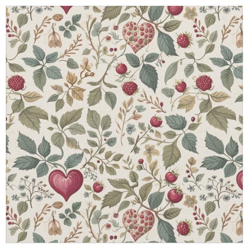 "Whimsical Heart and Berry Pattern" Fabric