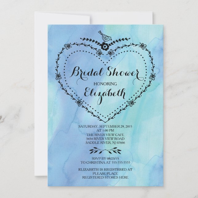 Whimsical Heart Blue Watercolor Bridal Shower Invitation (Front)
