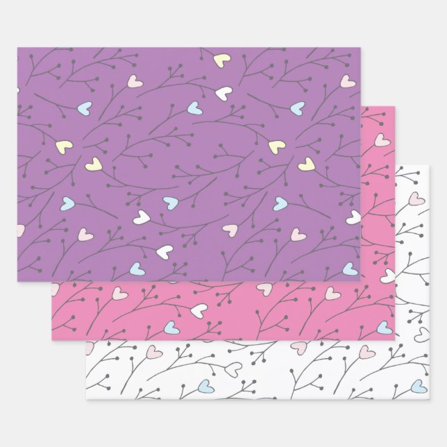 Whimsical Heart Branches Trio Trio Wrapping Paper Sheets (Set)