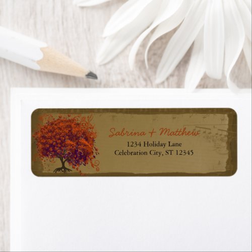 Whimsical Heart Leafed Tree Orange  Plum on Gold Label