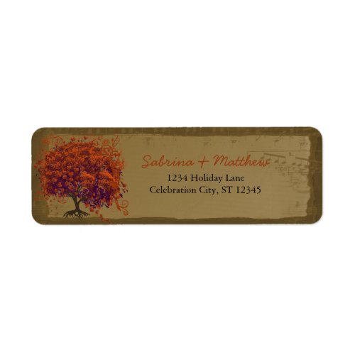 Whimsical Heart Leafed Tree Orange  Plum on Gold Label