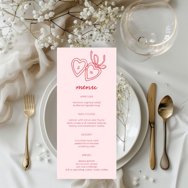 Whimsical Heart Locket Doodle Sketch Modern CUSTOM Menu (Whimsical Heart Locket Doodle Sketch Modern CUSTOM Menu Wedding Engagement Pink Red
)