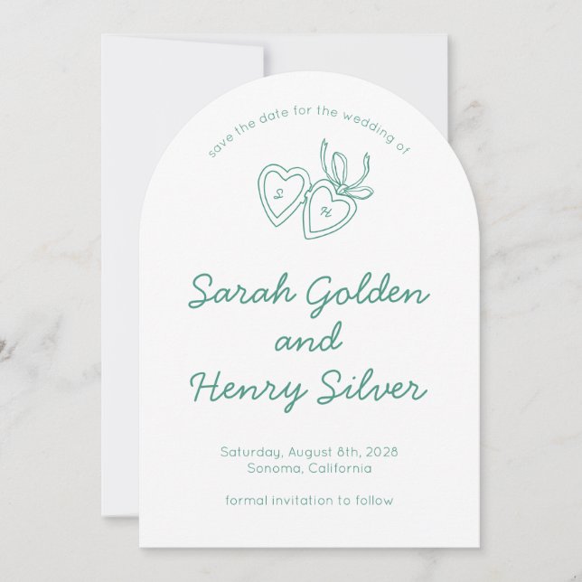 Whimsical Heart Locket Doodle Sketch Modern CUSTOM Save The Date (Front)